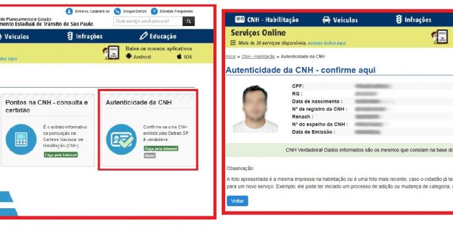 reproduções das telas do novo serviço de consulta para autenticidade da CNH do Detran.SP