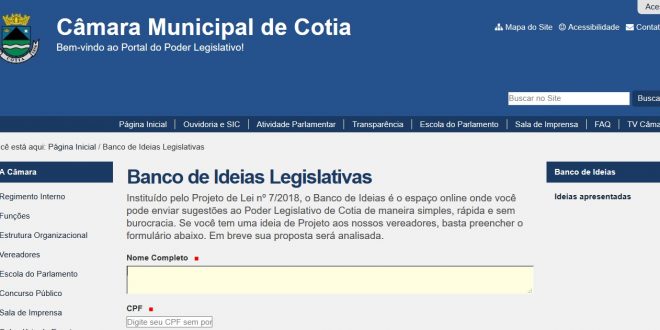 Reprodução do banco de ideias legislativas no site da Câmara de Cotia