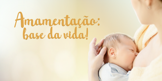 cartaz promocional da semana de aleitamento materno, com uma mãe vista de costas, levemente virada para a esquerda, e seu bebê mamando