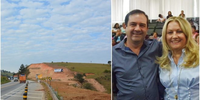 montagem com uma foto do vereador Alexandre Pierroni com a deputada Maria Lucia A e uma foto da Rodovia Lívio Tagliassachimary