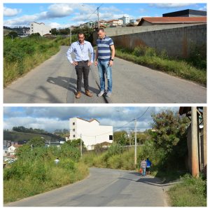 montagem com duas fotos. Na superior, o vereador cabo jean aparece ao lado do gerente da Sabesp, José Cícero de Sá, vistoriando a Avenida Vereador Rodolfo Artur Salvetti. Na inferior, uma foto da avenida.