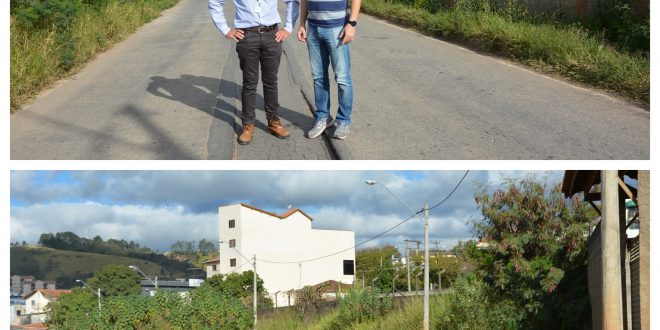 montagem com duas fotos. Na superior, o vereador cabo jean aparece ao lado do gerente da Sabesp, José Cícero de Sá, vistoriando a Avenida Vereador Rodolfo Artur Salvetti. Na inferior, uma foto da avenida.