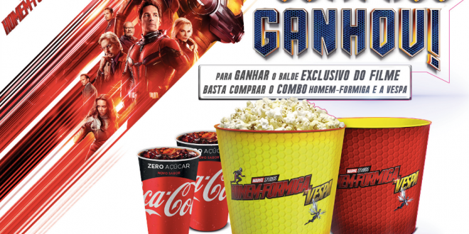 banner promocional do balde exclusivo e colecionável da Cinépolis para o filme do Homem-Formiga e a Vespa