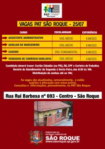 cartaz com as vagas da semana do PAT São Roque