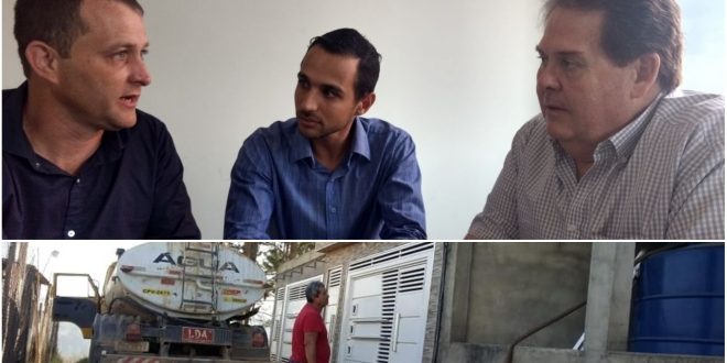 montagem com uma foto do verfeador cabo jean reunido com dois outros homens e uma foto de uma obra no bairro monte serrat