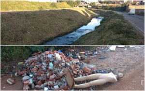 montagem com uma foto das margens limpas no trecho de asfalto e outra com descarte irregular de entulho no trecho de terra