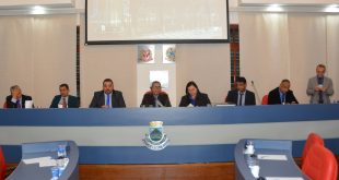 os vereadores Pedinha, Tim, Marcinho Prates, Lenha, Professor Osmar, Sandrinho Santos e Dr. Castor e a assessora jurídica da câmara durante a sessão