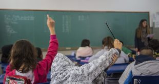 alunos vistos de costas e levantando suas mãos para tirarem dúvidas em sala de aula da Escola Municipal Edith dos Santos Silva