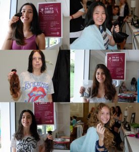 montagem com fotos de seis meninas segurando mechas que doaram