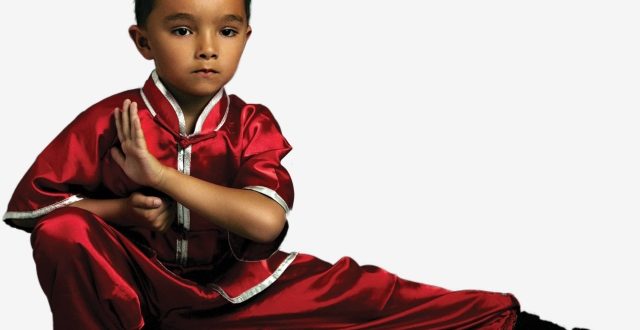 uma criança em posição de kung fu ante um fundo branco