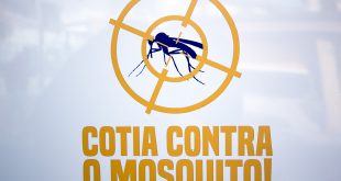 banner de campanha contra a dengue, com um mosquito dentro de uma mira e os dizeres 'cotia contra o mosquito'