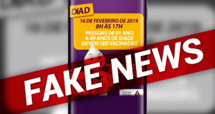 uma tela de celular com informações sobre uma suposta campanha de vacinação contra o sarampo e uma tag de 'fake news' colocada na imagem