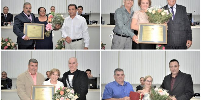 montagem com quatro fotos de vereadores de são roque posando com mulheres e suas respectivas homenagens
