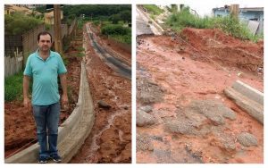 montagem com uma foto do vereador alexandre pierroni em rua enlameada e esburacada e outra foto de uma rua em iguais condições