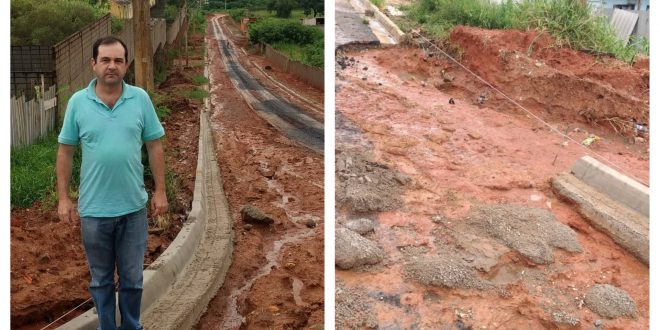 montagem com uma foto do vereador alexandre pierroni em rua enlameada e esburacada e outra foto de uma rua em iguais condições